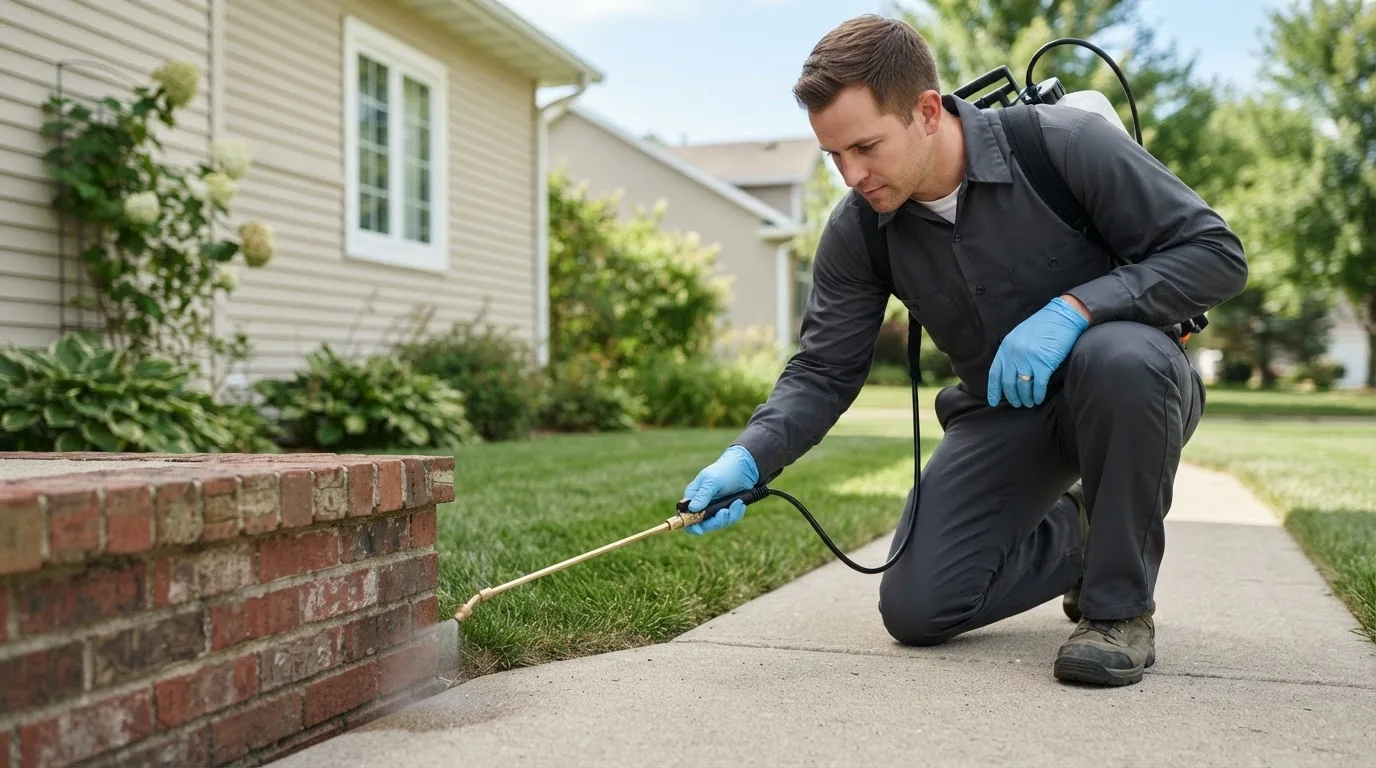 Pest control technician treating a home near Chase, MI