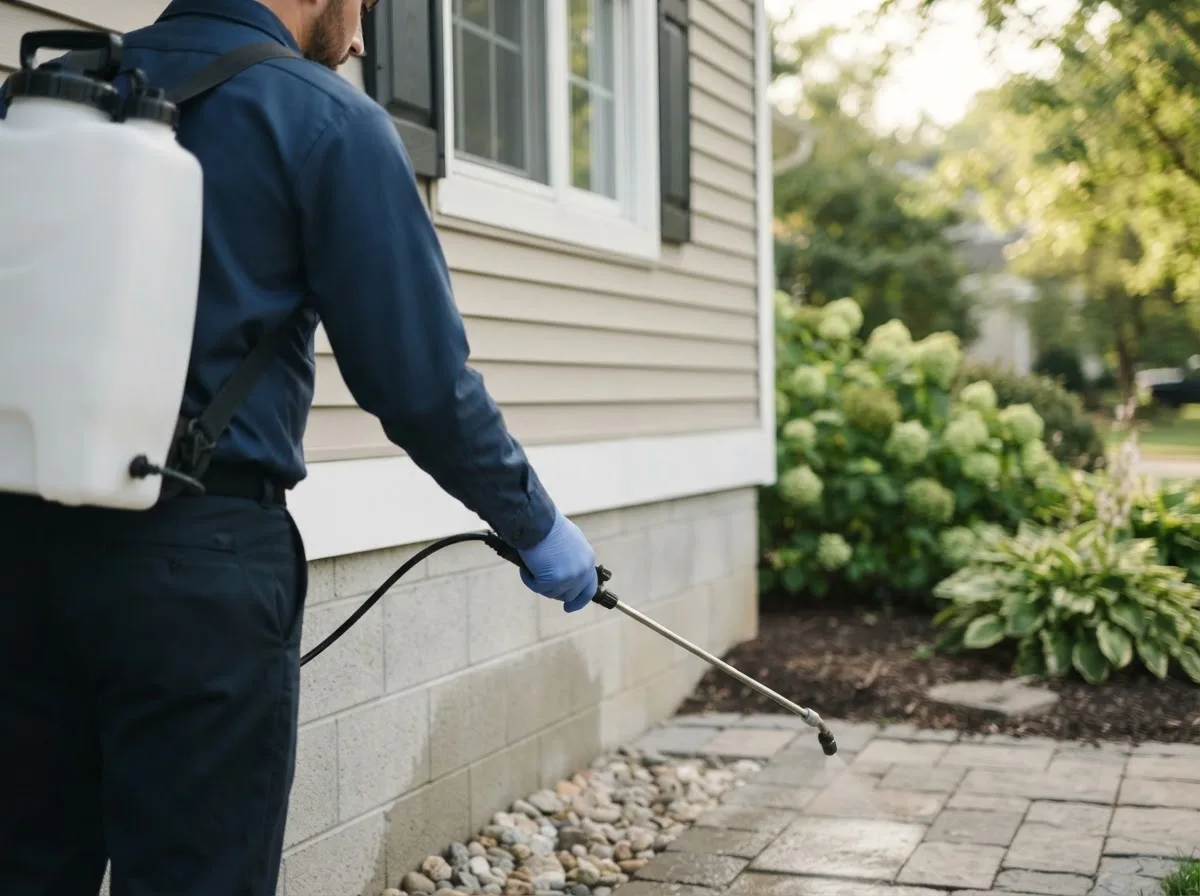 Pest control technician inspecting a home in Chase, MI